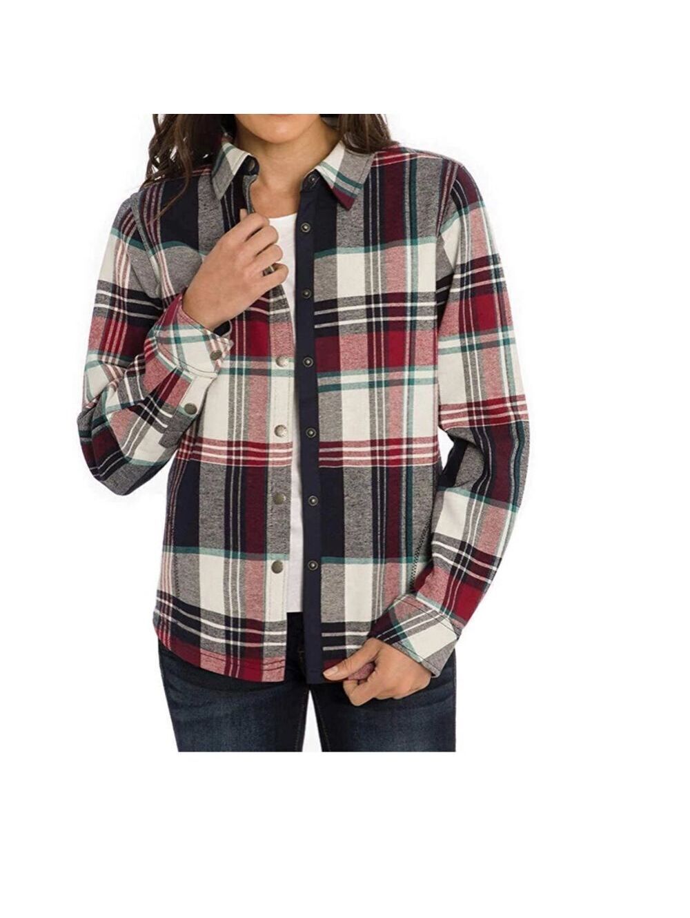 Orvis Red Navy Plaid Fleece Lined flannel shirt jacket shaket snap Pockets S NWT